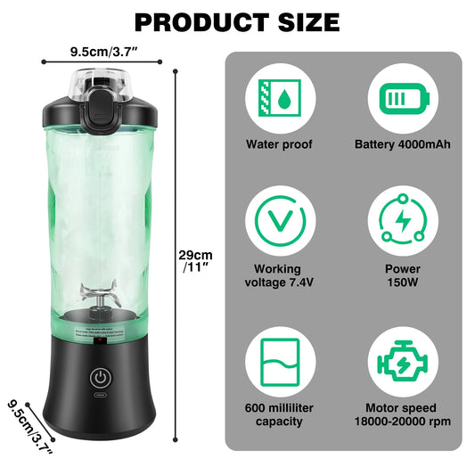 600ML Cordless Portable Blender, 150W Personal Juicer with LED Battery Indicator for Travel, Gym and Home