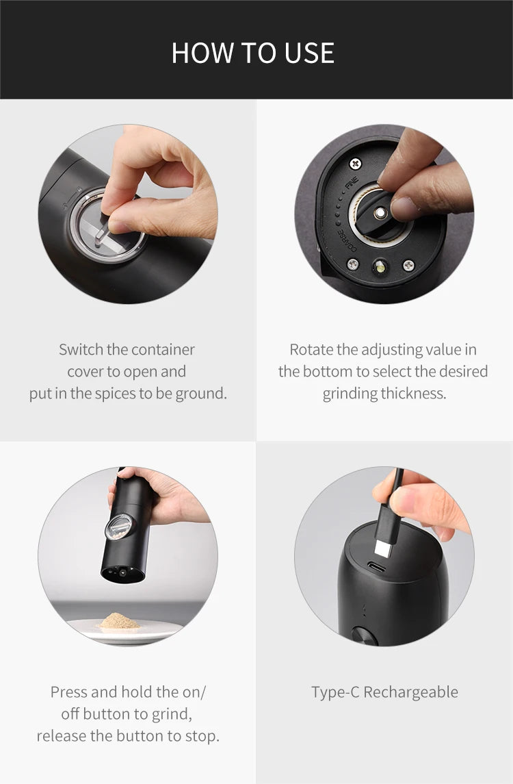 1PC/2PCS Electric Automatic Pepper Grinder Set Salt And Pepper Mill Adjustable Coarseness Spice Grinder for Kitchen