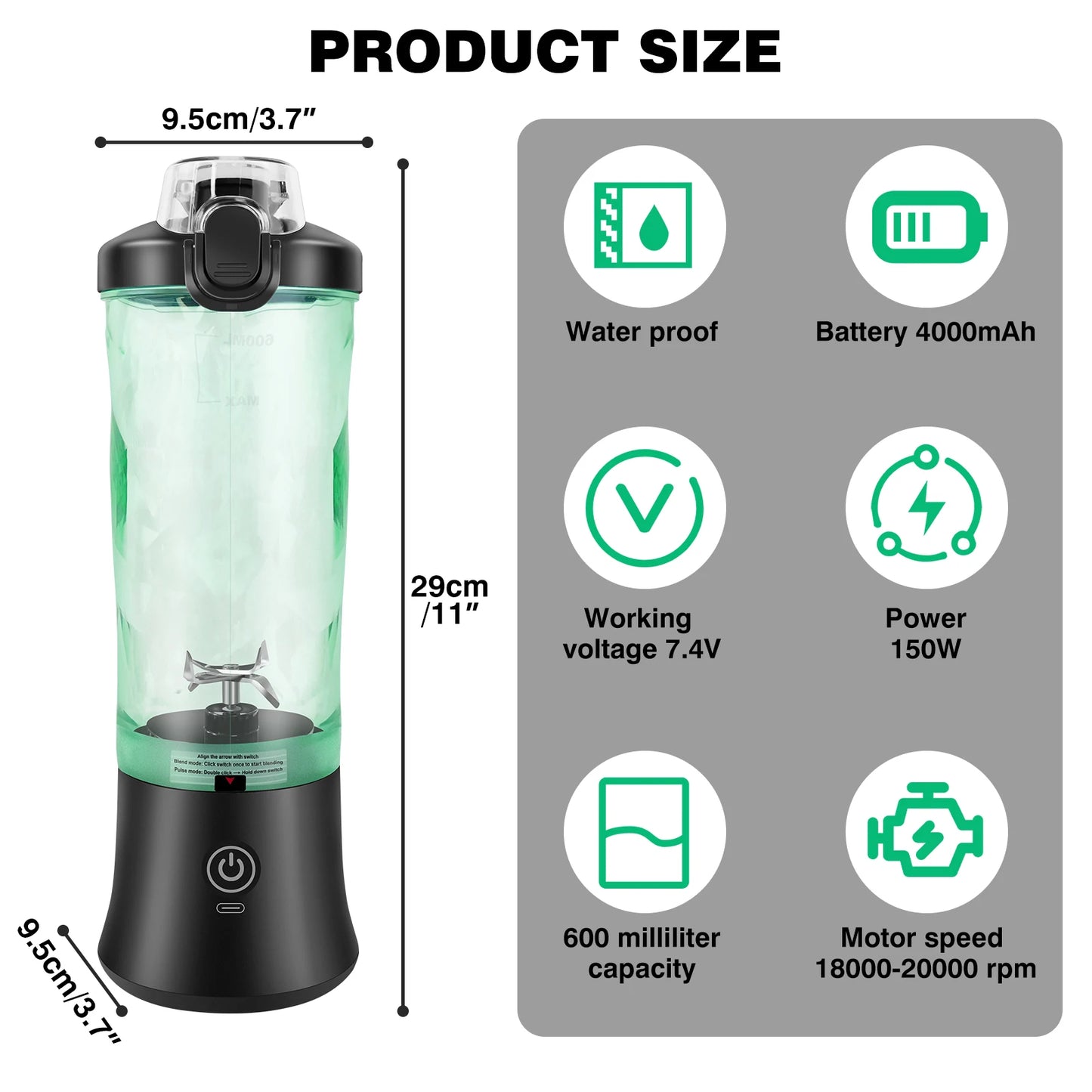 600ML Cordless Portable Blender, 150W Personal Juicer with LED Battery Indicator for Travel, Gym and Home